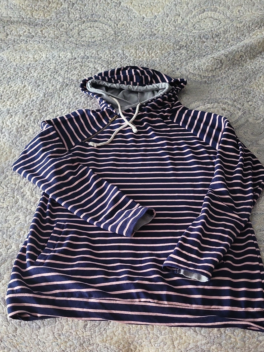 Women's Striped Hooded Cowl Sweater in Navy and Light Pink